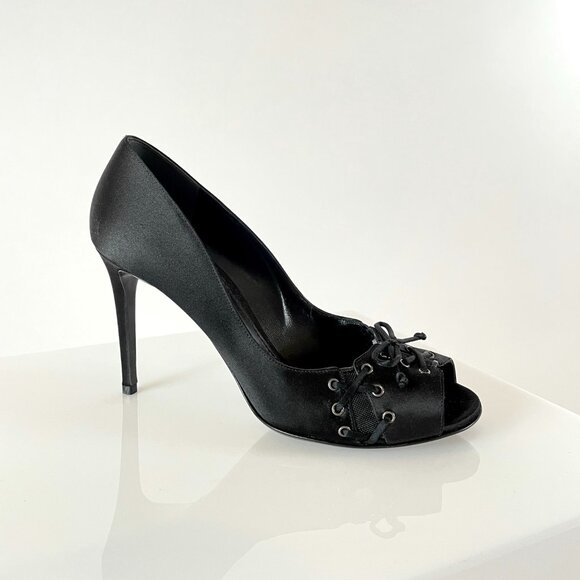 Like New! Dolce & Gabbana Black 'Corset' Lace-Up Peep Toe Pumps in Black Satin!